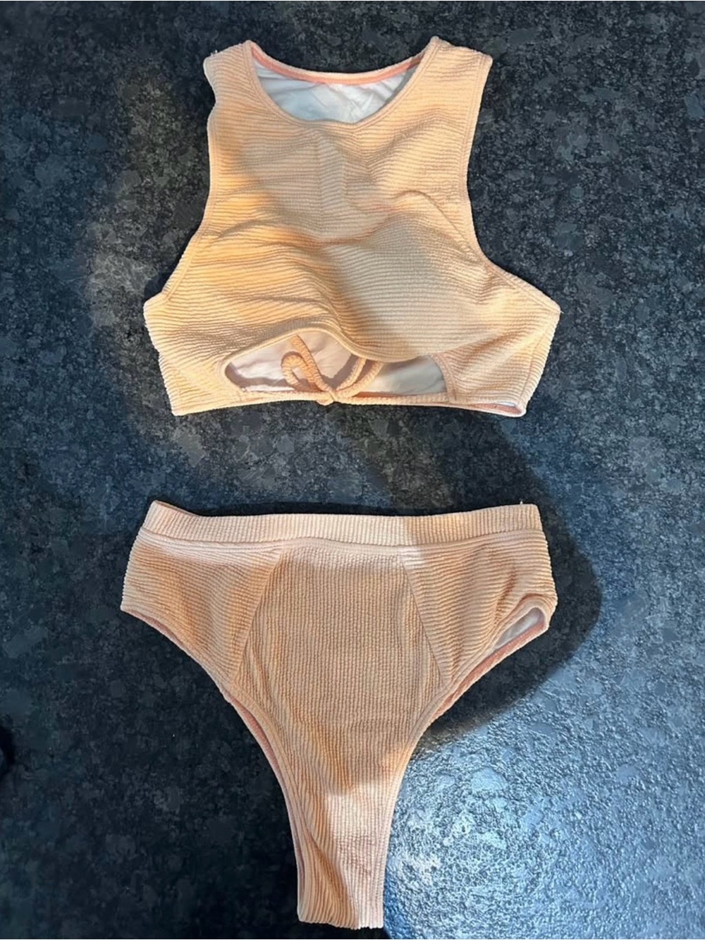 Simons Peach Textured High-Neck Bralette & High-Waist Bikini